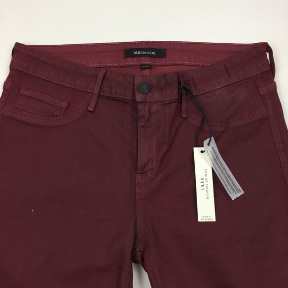 NWT MM DENIM Dark Red Glittery TATE Mid-Rise Logo Hardware Slim Fit Skinny Jeans - Picture 4 of 9